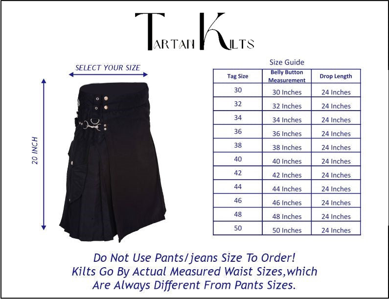 Active Men's Black utility kilt 100% Cotton, Cargo Pocket Kilt for Men| Men's Kilt | Utility Kilt |Tartan Kilts for Men for Scottish Kilt Costume
