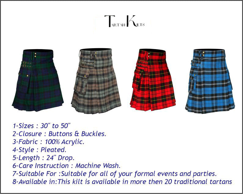 Scottish Men's Modern Mackenzie 16oz Tartan Pockets Utility Kilt, Cargo Kilt