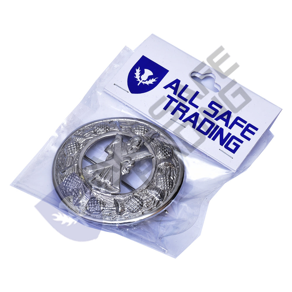 Scottish St. Andrews Kilt Fly Plaid Brooch With Scrolling Thistle Border