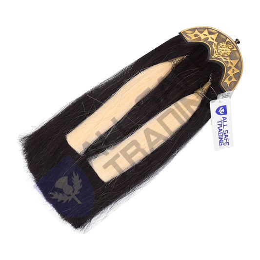 Scottish Military Long Horse Hair Sporran, Antique Cantle with 2 White Tassels