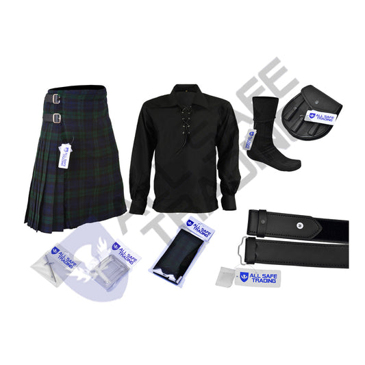 Scottish Men's 9 Piece 8 Yards Kilt Outfit, Black Watch Tartan Kilt