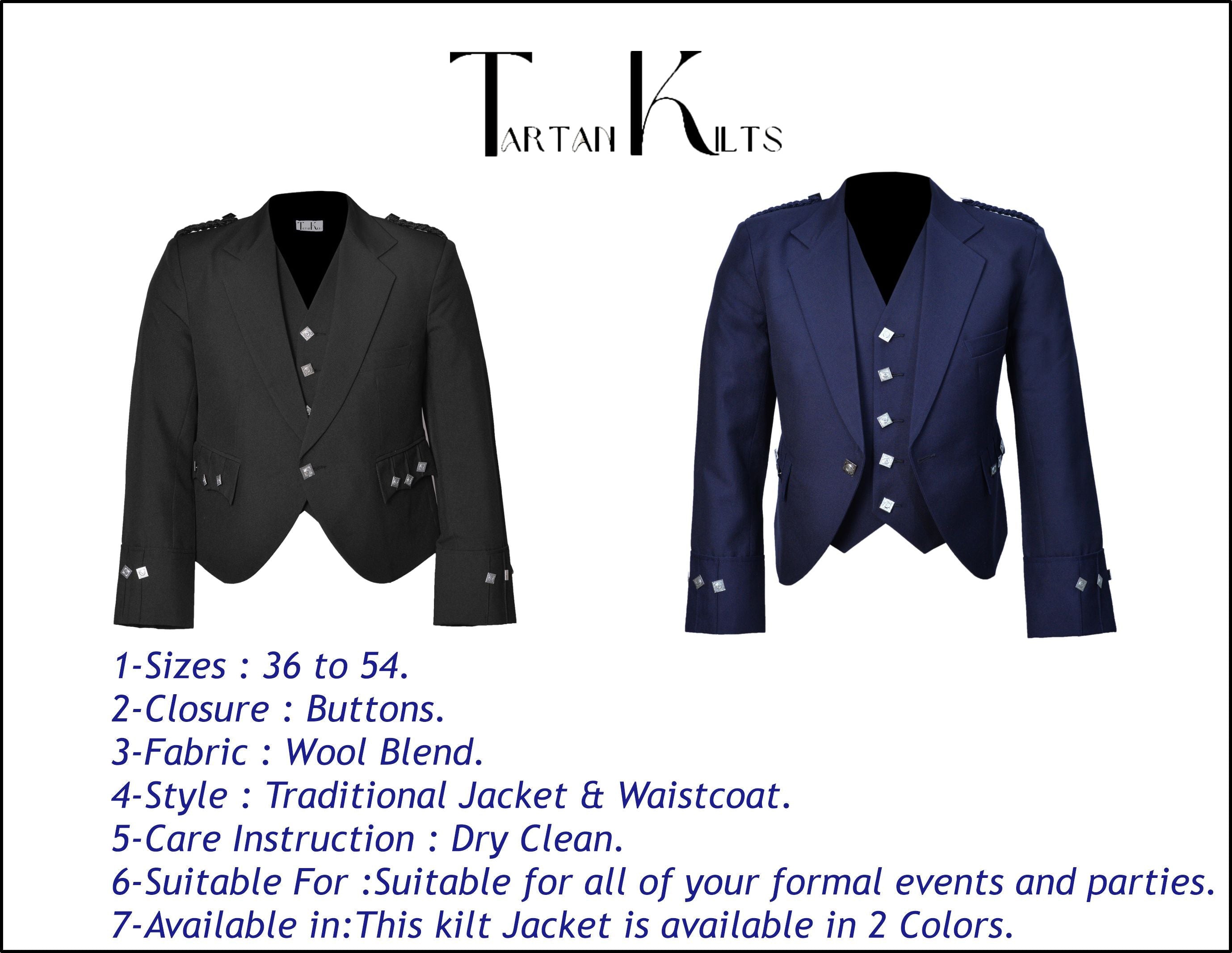 Scottish Black Argyle Kilt Jacket With Waistcoat/Vest - Sizes 36"- 54"