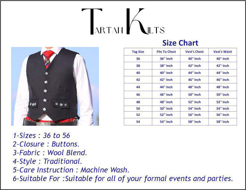 Scottish 5 Buttons Tweed Kilt Vest / Waistcoat sizes