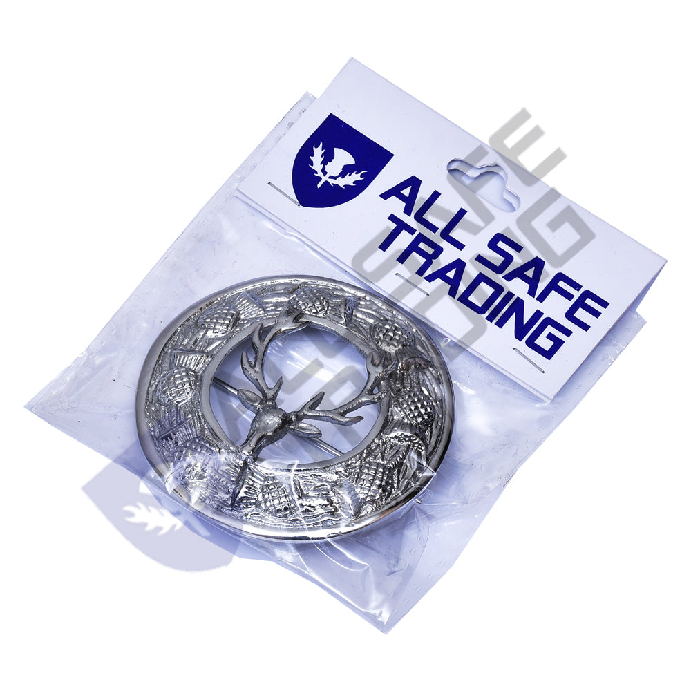 Scottish Stag Head Kilt Fly Plaid Brooch With Scrolling Thistle Border