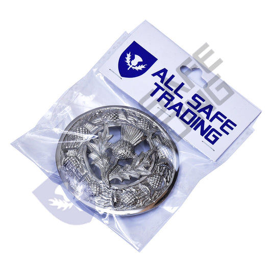 Scottish Thistle Kilt Fly Plaid Brooch With Scrolling Thistle Border