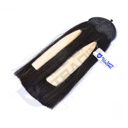 Scottish Military Long Horse Hair Sporran, Black Cantle with 2 White Tassels