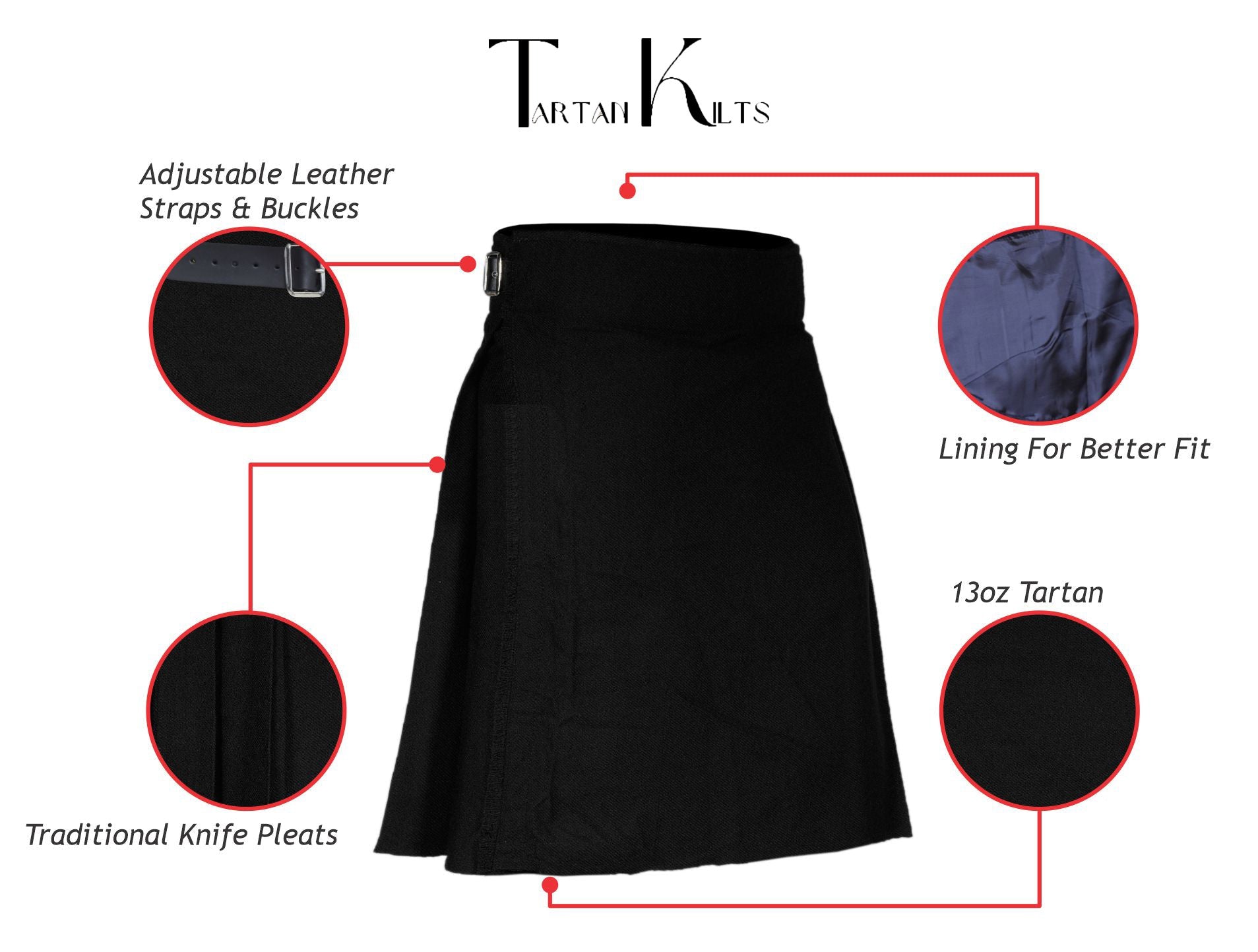 Authentic Scottish Men's Tartan Kilts - Highland Light Weight Value Kilt Embrace Your Heritage with Comfort Plain Black Tartan Kilt