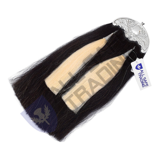 Scottish Military Long Horse Hair Sporran, Chrome Cantle with 2 White Tassels