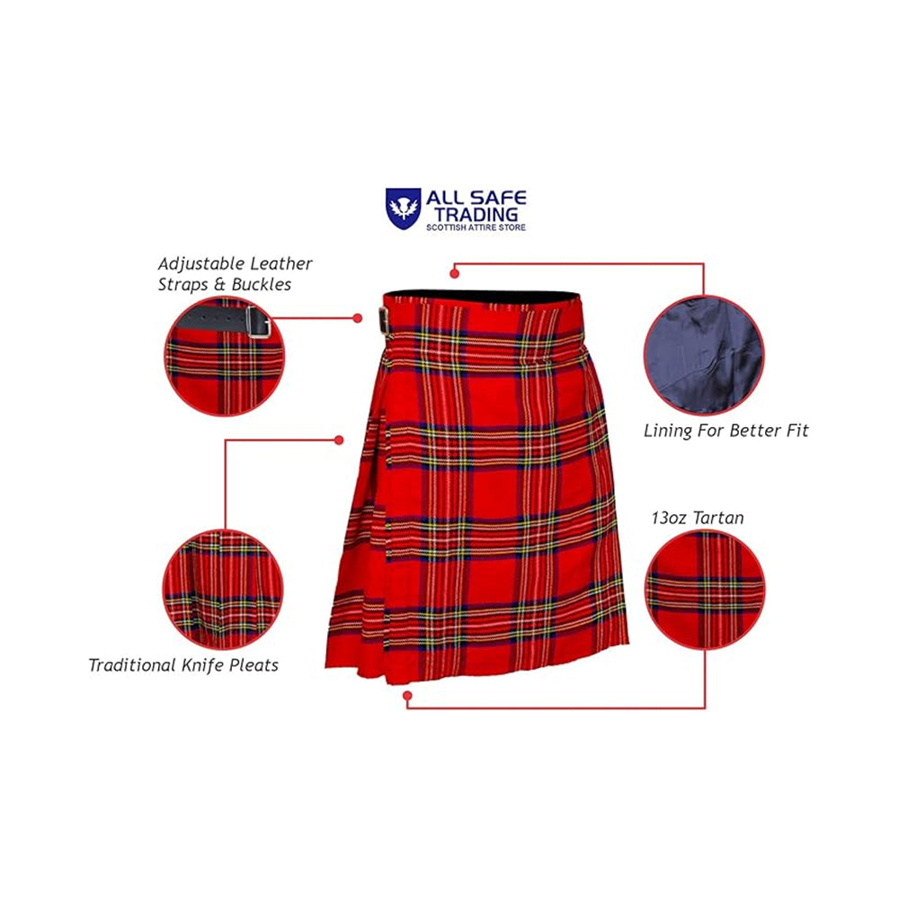 Authentic Scottish Men's Tartan Kilts - Highland Light Weight Value Kilt Embrace Your Heritage with Comfort Royal Stewart Tartan Kilt