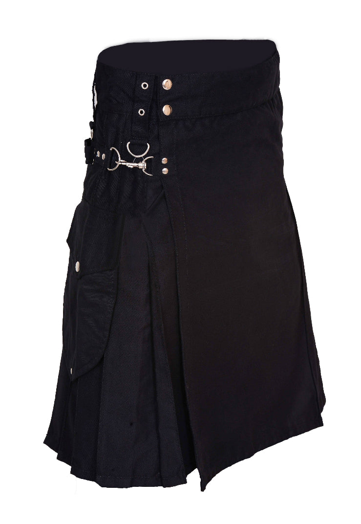 Black Cargo Utility Kilt For Men