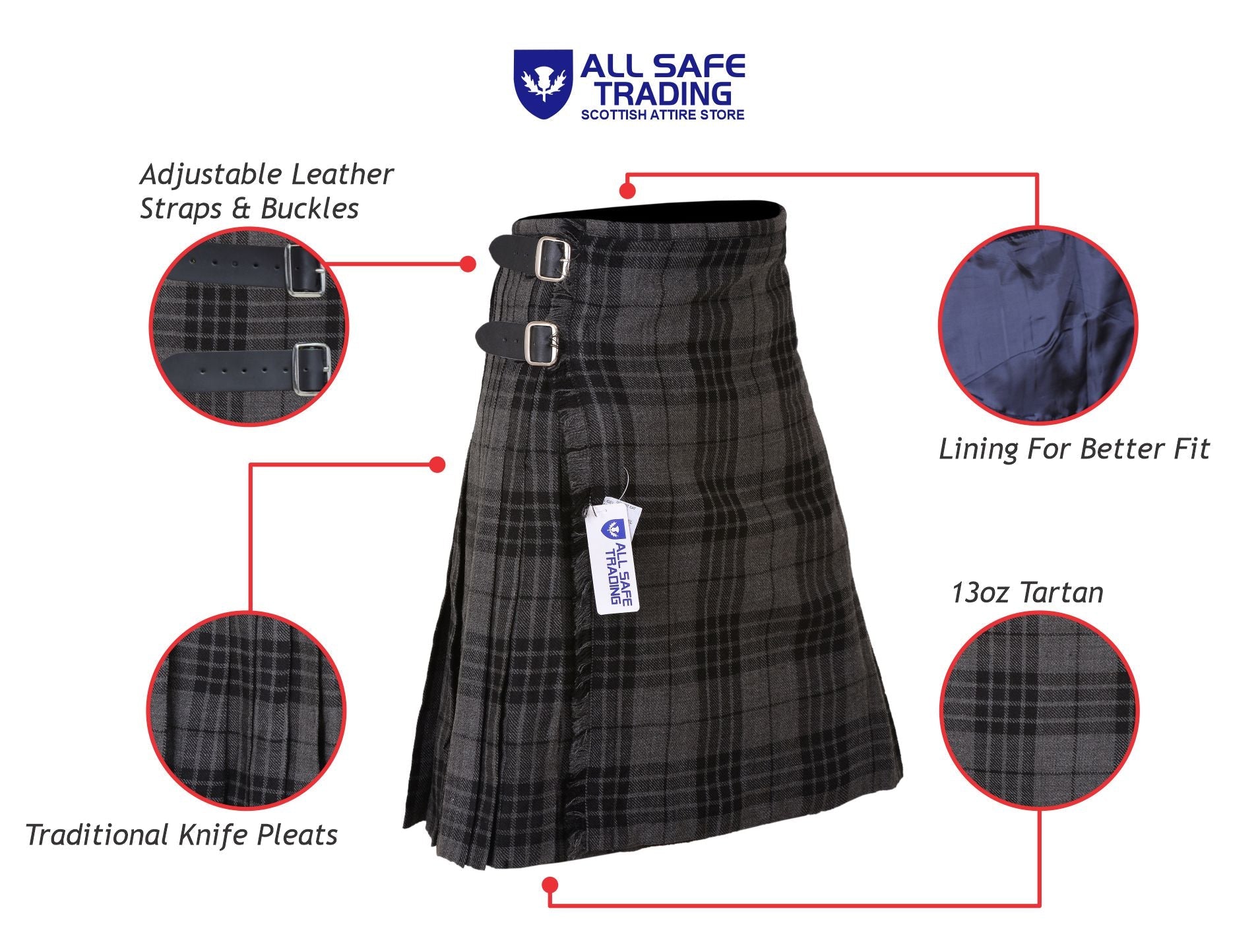 Men's 8 Yard Kilt for Men, Men's Deluxe Kilt, Scottish Tartan Kilt, Highland Wedding Kilt, Grey Watch Kilt