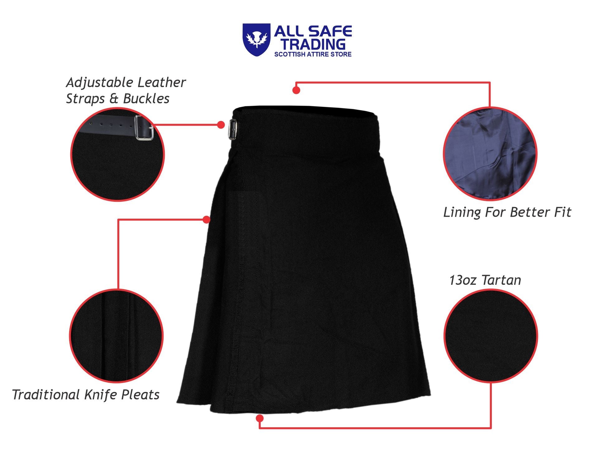 Authentic Scottish Men's Tartan Kilts - Highland Light Weight Value Kilt Embrace Your Heritage with Comfort Plain Black Tartan Kilt