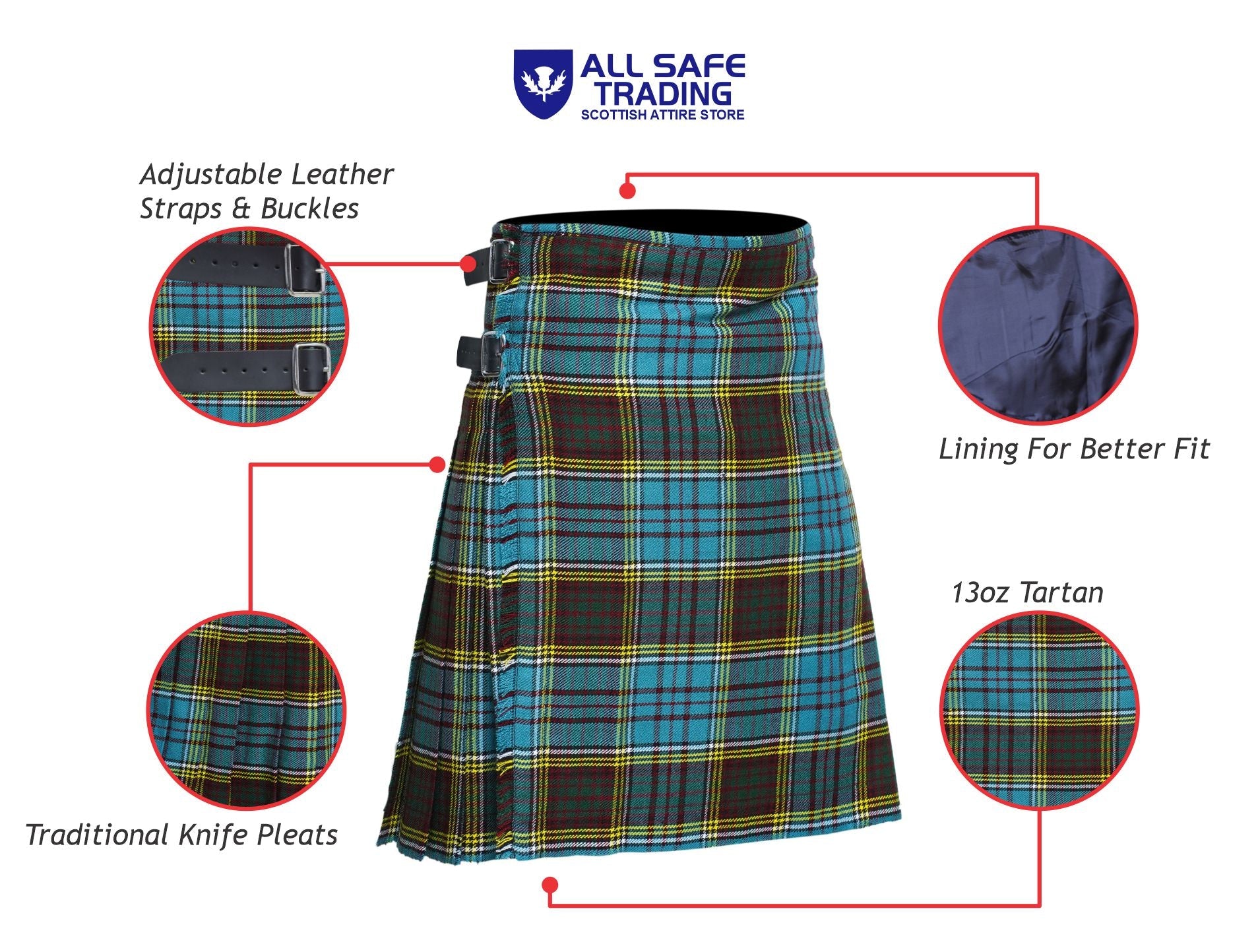 Men's 8 Yard Kilt for Men, Men's Deluxe Kilt, Scottish Tartan Kilt, Highland Wedding Kilt, Anderson Kilt