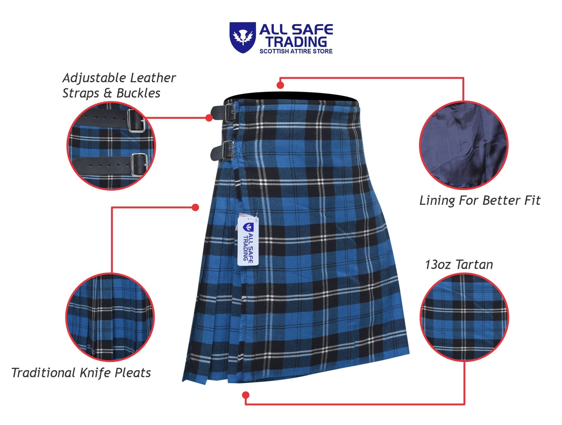 Men's 8 Yard Kilt for Men, Men's Deluxe Kilt, Scottish Tartan Kilt, Highland Wedding Kilt, Blue Ramsay Kilt