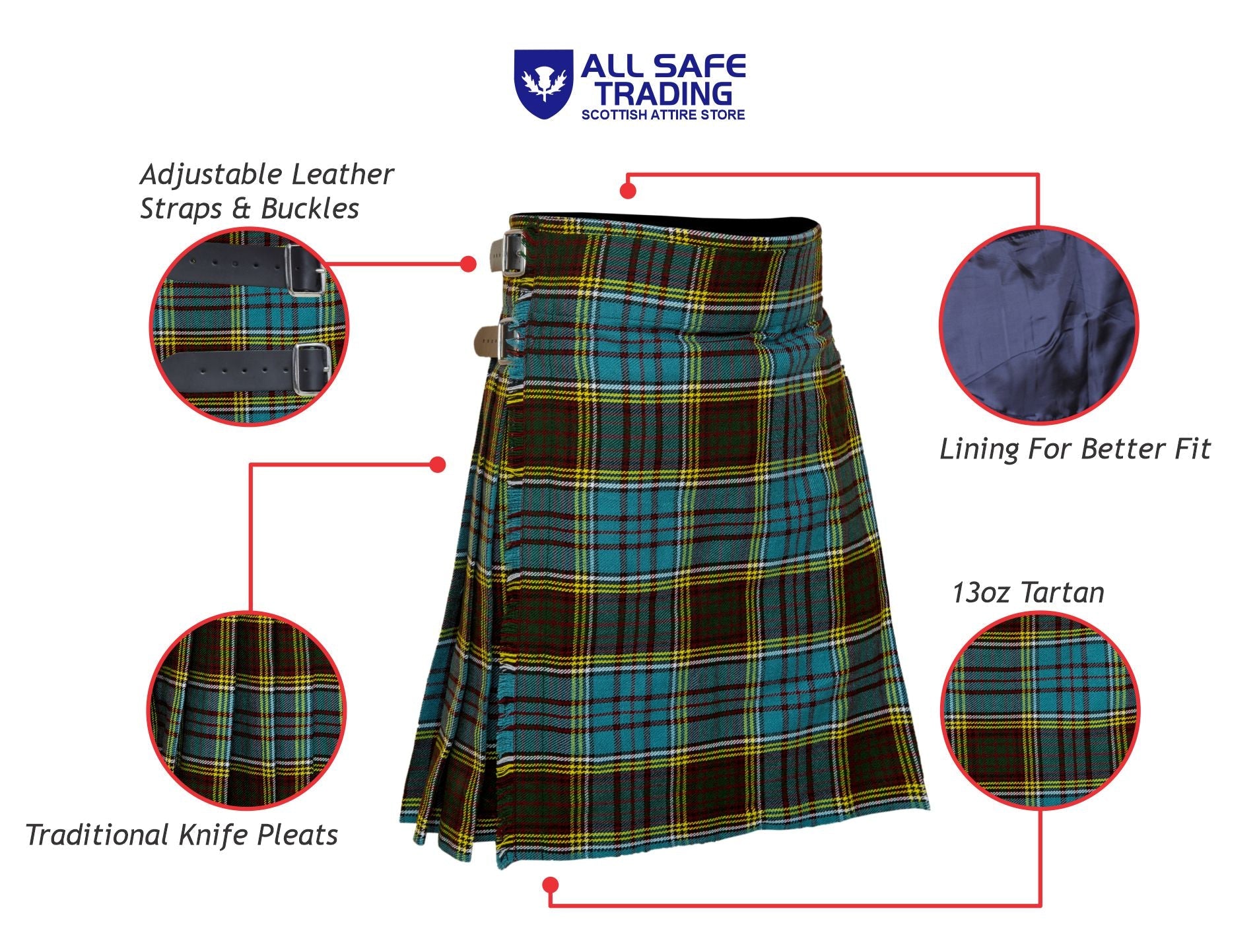 Men's 5 Yard Scottish Tartan Kilt, Highland Wedding Kilt, Anderson Tartan Kilt