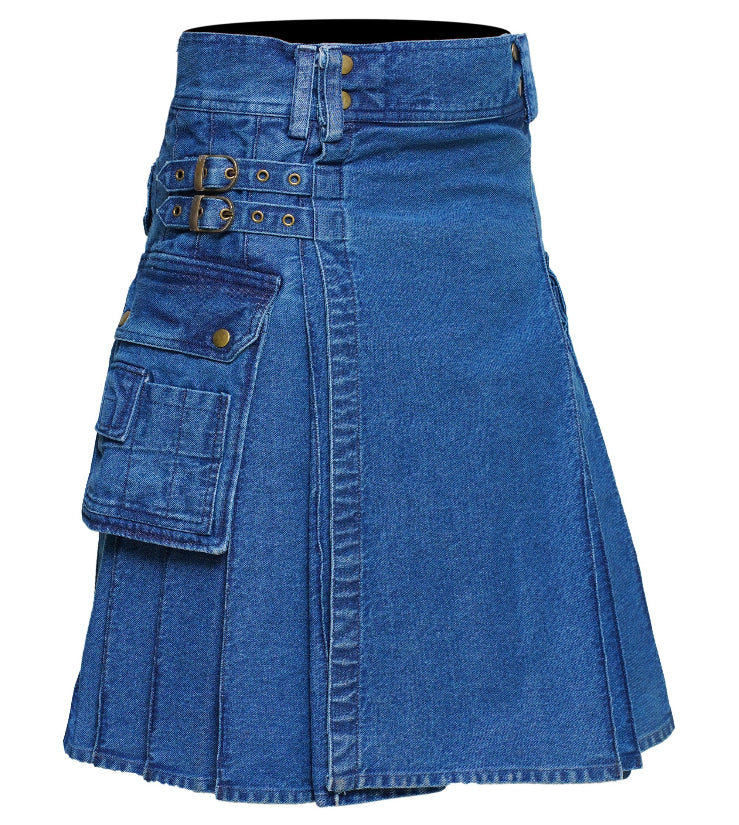 Men's Deluxe Utility Denim Kilt - Modern Utility Kilt for Men, Authentic Jean Kilts with Tactical Style