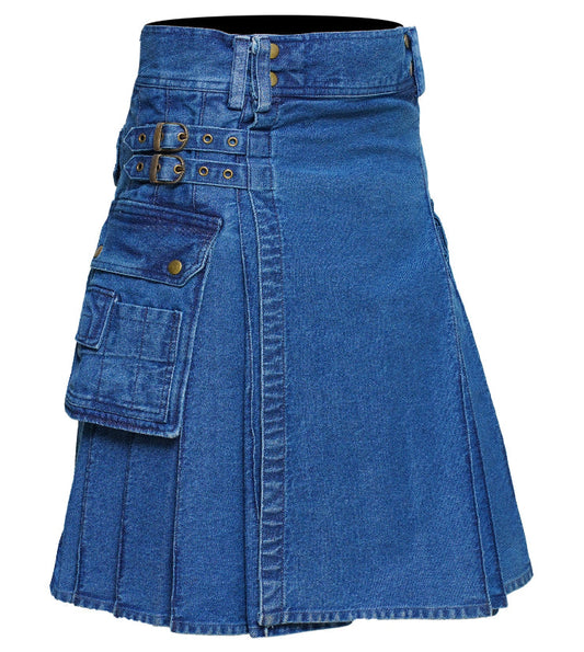 Men's Deluxe Utility Denim Kilt - Modern Utility Kilt for Men, Authentic Jean Kilts with Tactical Style