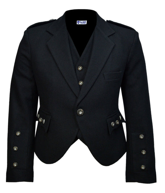 Scottish Black Tweed Argyle Kilt Jacket With Waistcoat/Vest - Sizes 36"- 54"