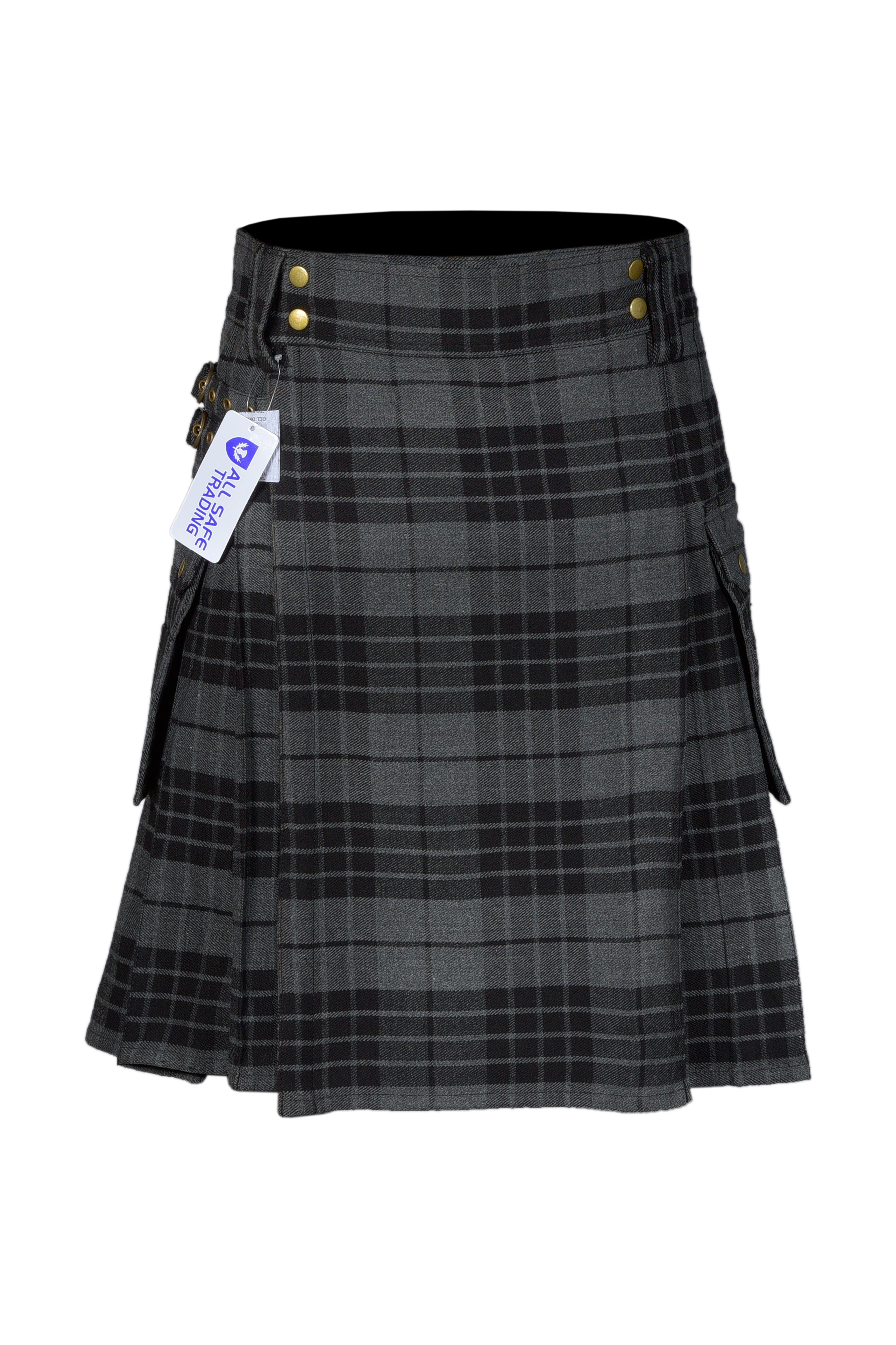 Scottish Men's Modern Grey Watch 16oz Tartan Pockets Utility Kilt, Cargo Kilt
