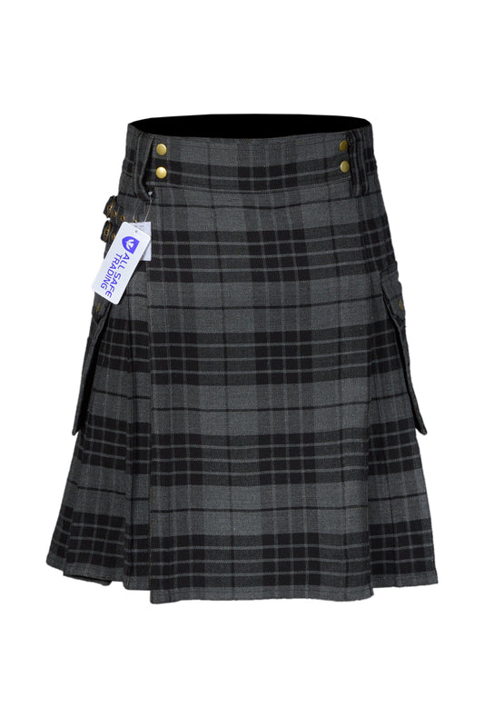 Scottish Men's Modern Grey Watch 16oz Tartan Pockets Utility Kilt, Cargo Kilt