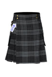 Scottish Men's Modern Grey Watch 16oz Tartan Pockets Utility Kilt, Cargo Kilt