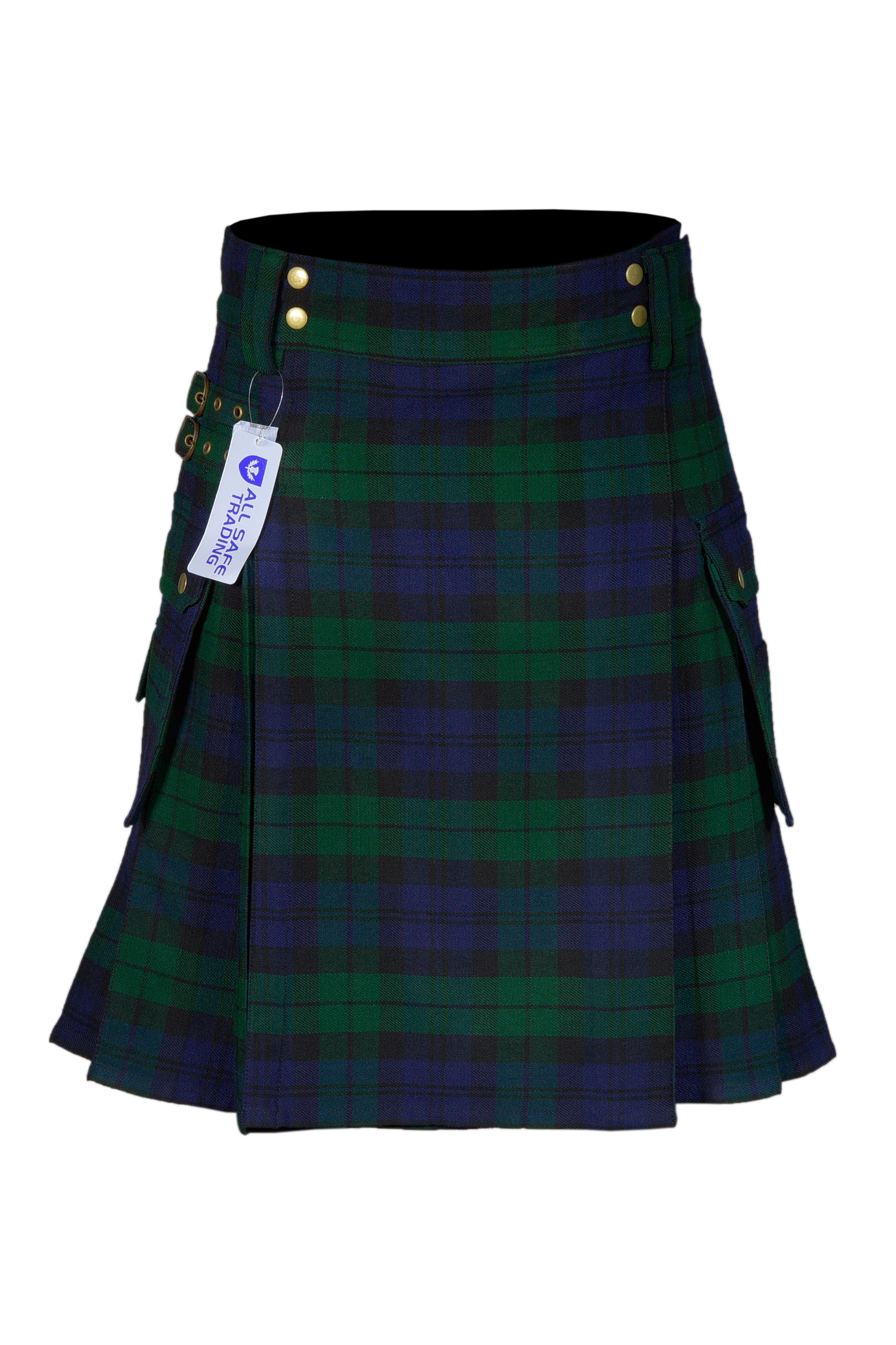 Scottish Men's Modern Black Watch 16oz Tartan Pockets Utility Kilt, Cargo Kilt
