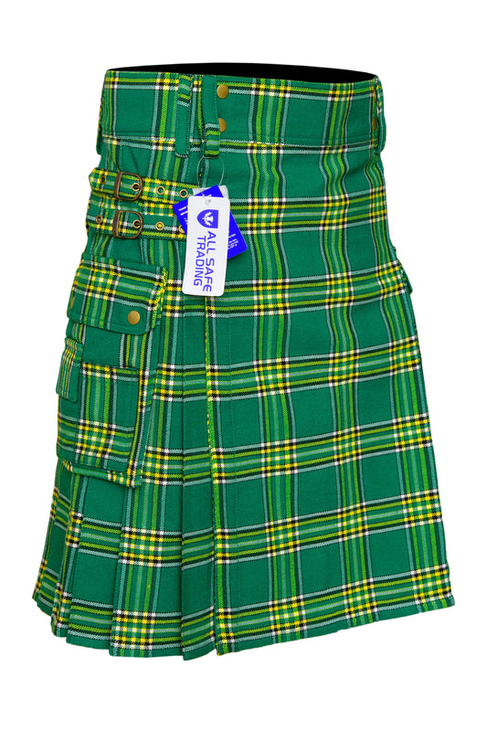 Scottish Men's Modern Irish Heritage 16oz Tartan Pockets Utility Kilt, Cargo Kilt