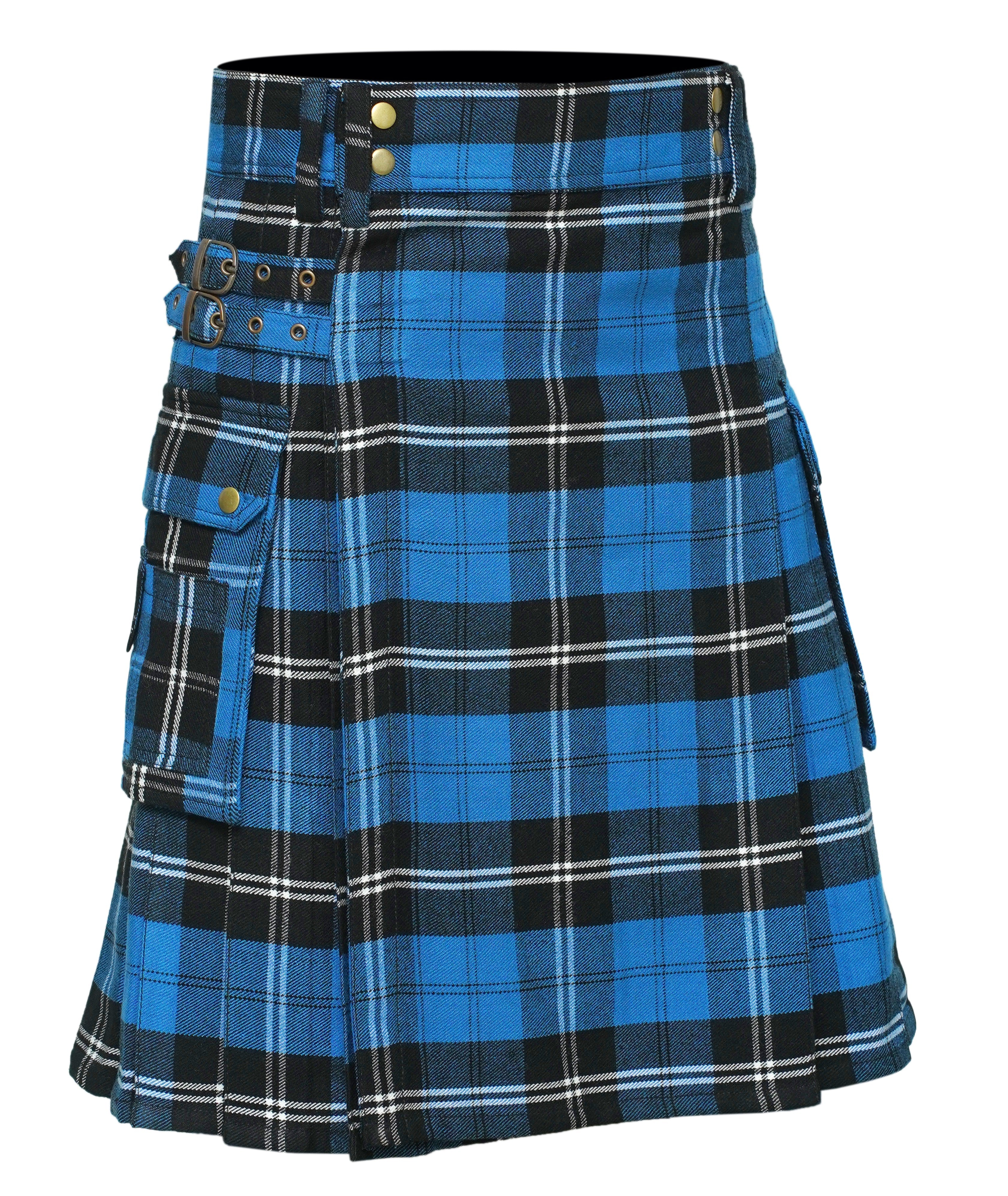 Scottish Men's Modern Blue Ramsay 16oz Tartan Pockets Utility Kilt, Cargo Kilt