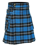 Scottish Men's Modern Blue Ramsay 16oz Tartan Pockets Utility Kilt, Cargo Kilt