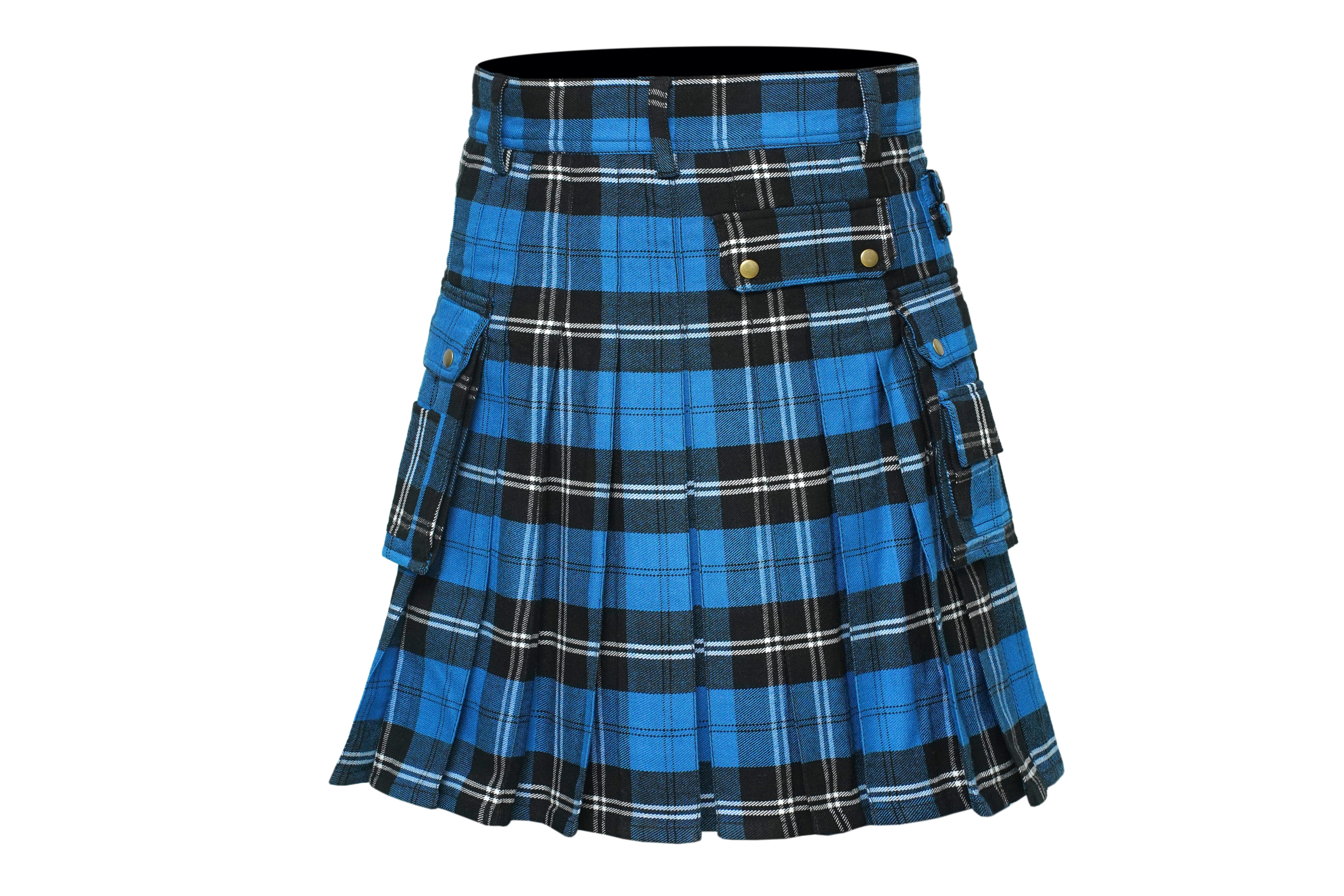 Scottish Men's Modern Blue Ramsay 16oz Tartan Pockets Utility Kilt, Cargo Kilt