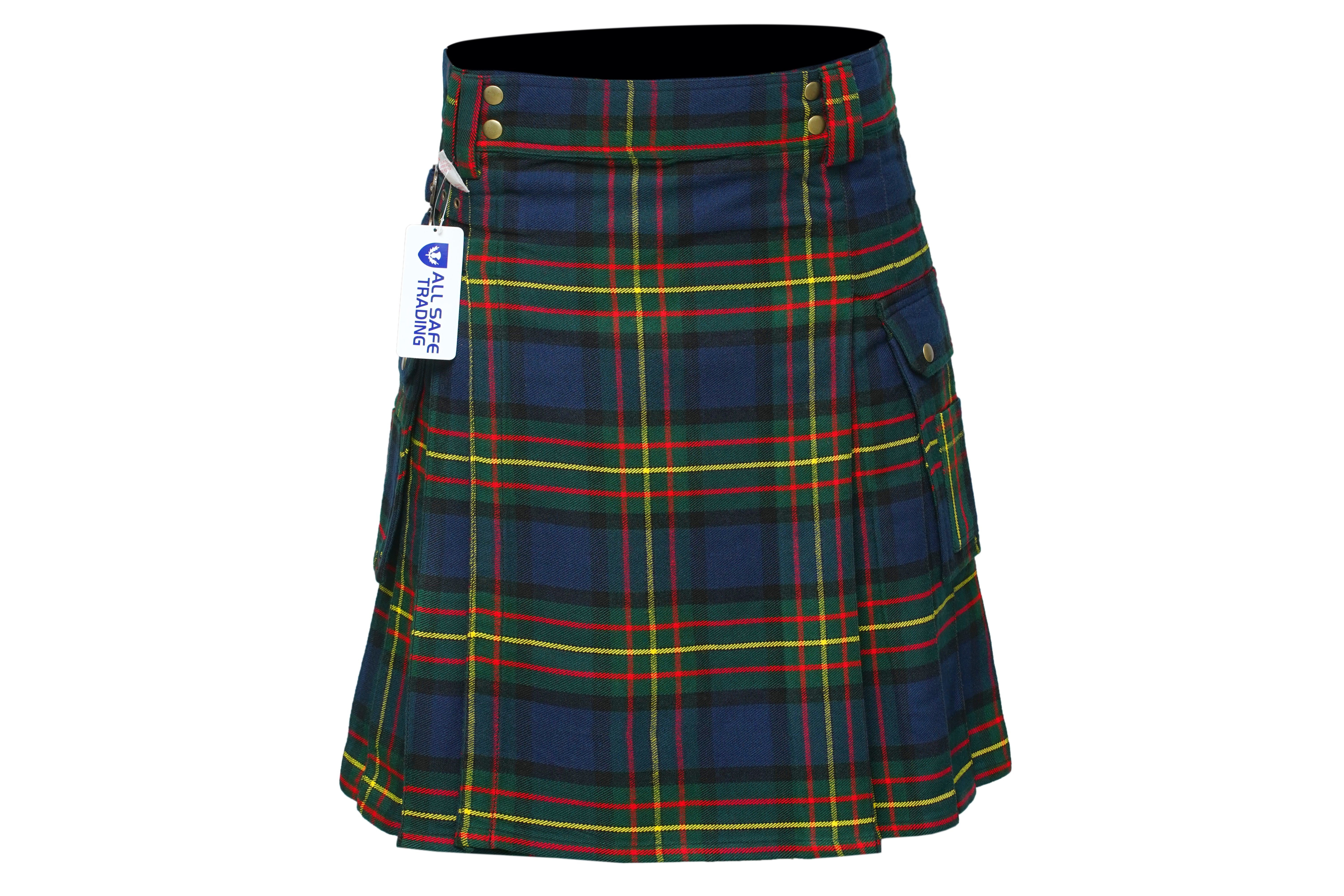 Scottish Men's Modern Maclaren 16oz Tartan Pockets Utility Kilt, Cargo Kilt