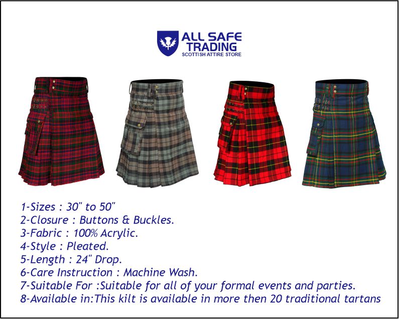 Scottish Men's Modern Maclaren 16oz Tartan Pockets Utility Kilt, Cargo Kilt