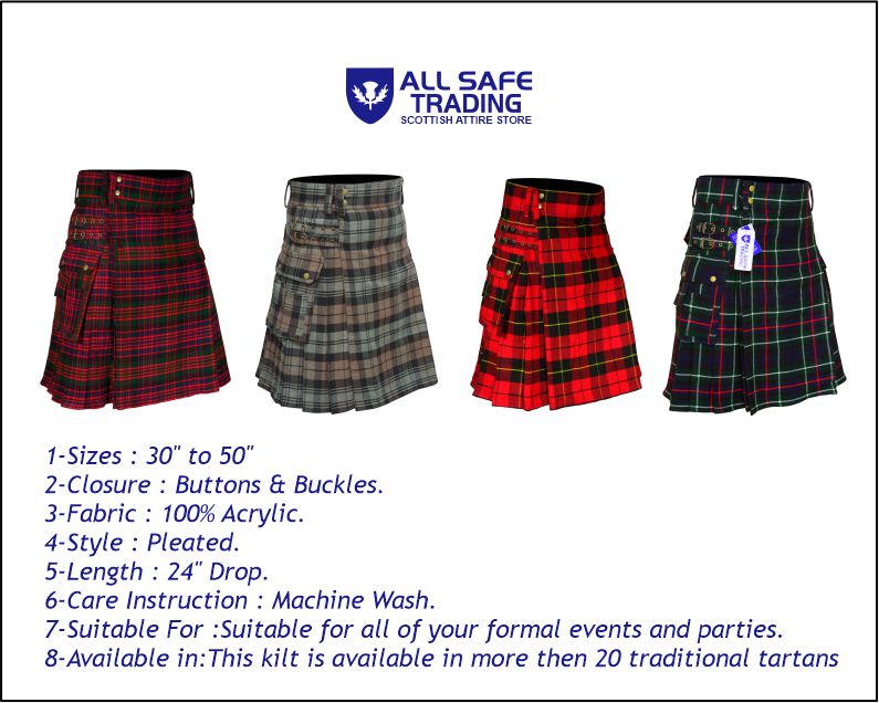 Scottish Men's Modern Mackenzie 16oz Tartan Pockets Utility Kilt, Cargo Kilt