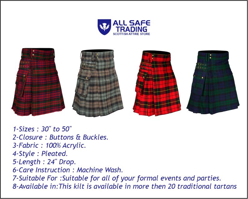 Scottish Men's Modern Macdonald 16oz Tartan Pockets Utility Kilt, Cargo Kilt