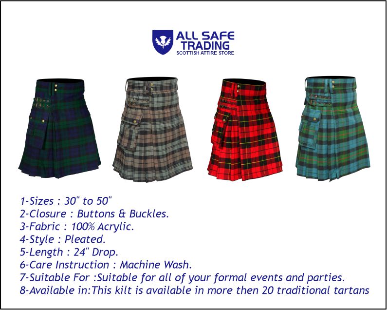 Scottish Men's Modern Gunn Ancient 16oz Tartan Pockets Utility Kilt, Cargo Kilt