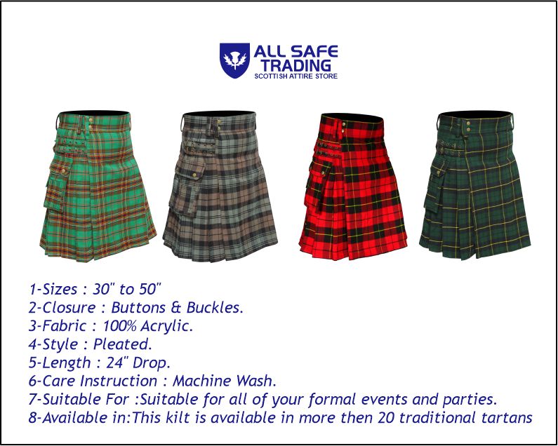 Scottish Men's Modern Wallace Hunting 16oz Tartan Pockets Utility Kilt, Cargo Kilt