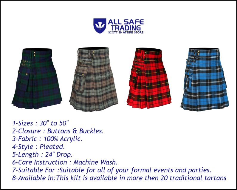 Scottish Men's Modern Blue Ramsay 16oz Tartan Pockets Utility Kilt, Cargo Kilt