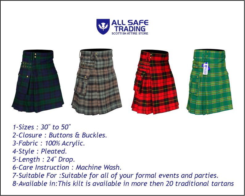 Scottish Men's Modern Irish Heritage 16oz Tartan Pockets Utility Kilt, Cargo Kilt