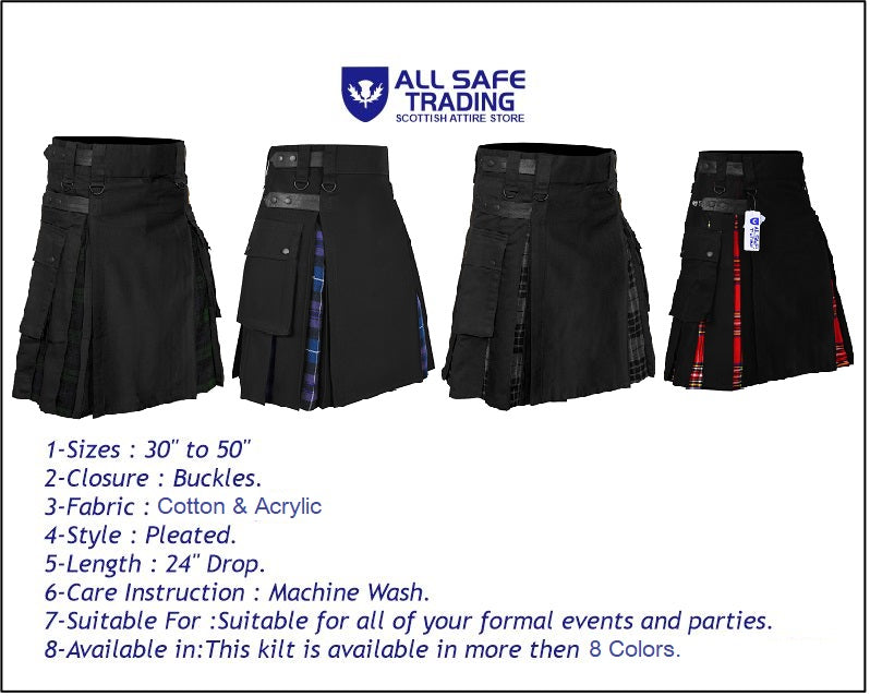 Men's Black watch Tartan Hybrid Kilt with Cargo Pockets, Utility Kilt