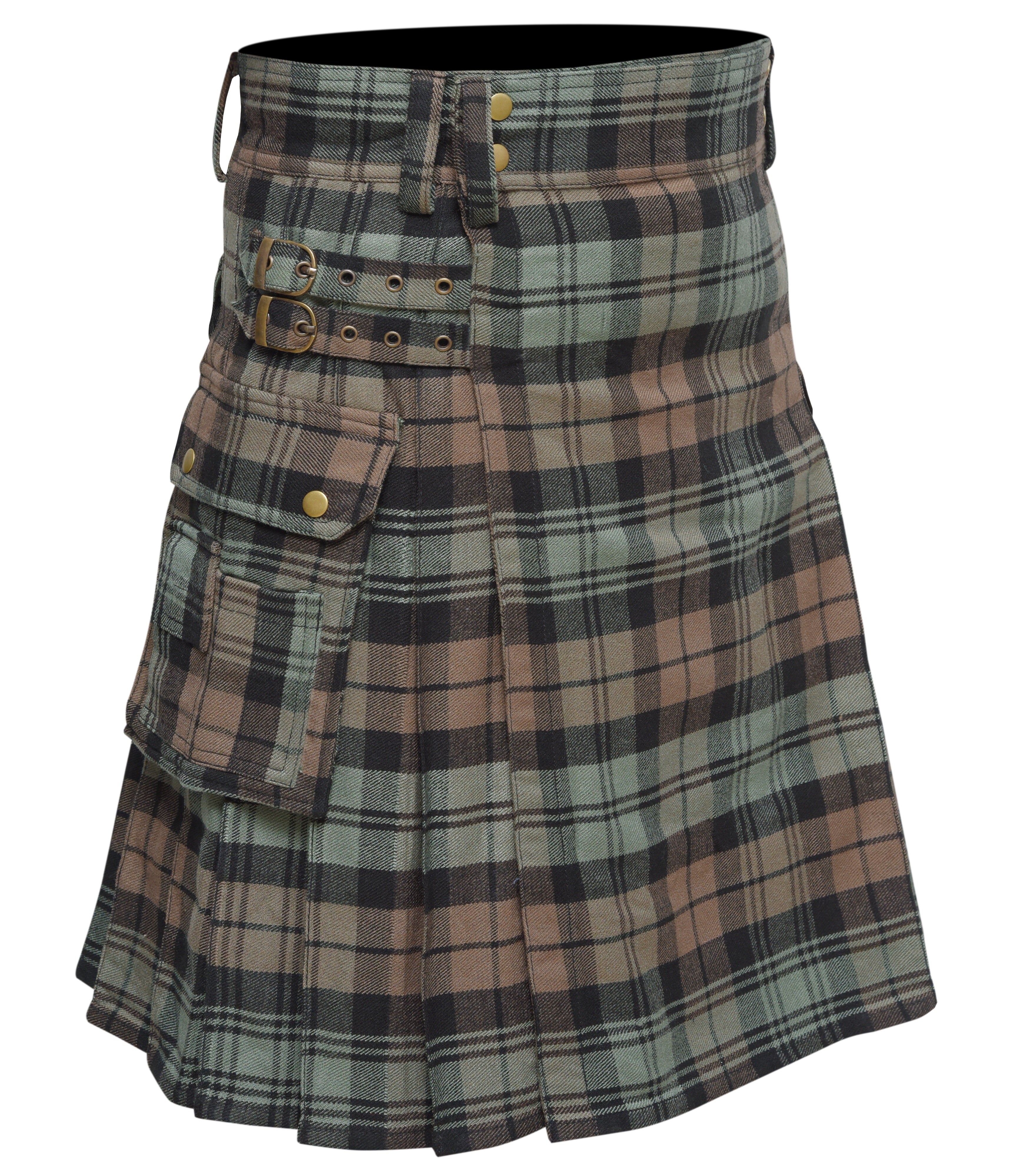 Scottish Men's Modern Black Watch Weathered 16oz Tartan Pockets Utility Kilt, Cargo Kilt