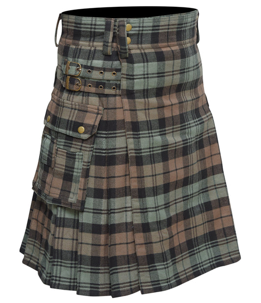 Scottish Men's Modern Black Watch Weathered 16oz Tartan Pockets Utility Kilt, Cargo Kilt