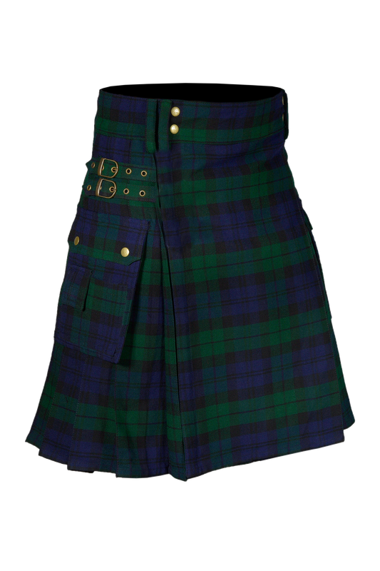 Scottish Men's Modern Black Watch 16oz Tartan Pockets Utility Kilt, Cargo Kilt