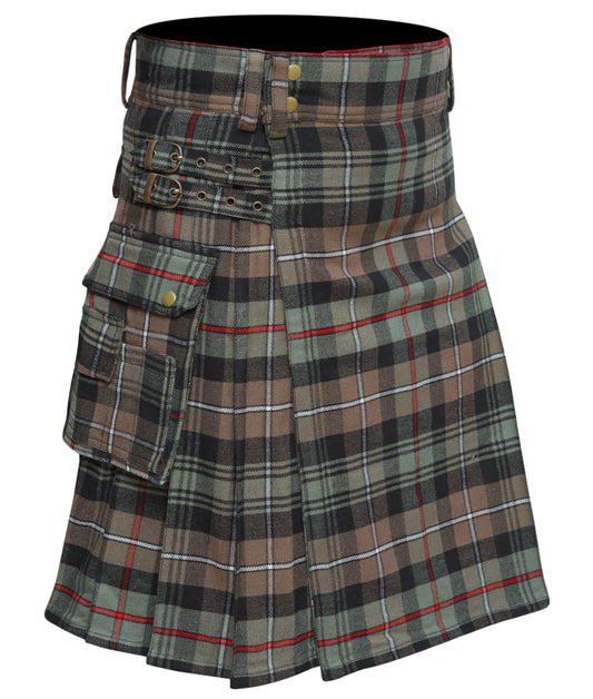 Scottish Men's Modern Mackenzie Weathered 16oz Tartan Pockets Utility Kilt, Cargo Kilt