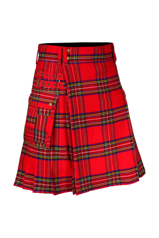 Scottish Men's Modern Royal Stewart 16oz Tartan Pockets Utility Kilt, Cargo Kilt