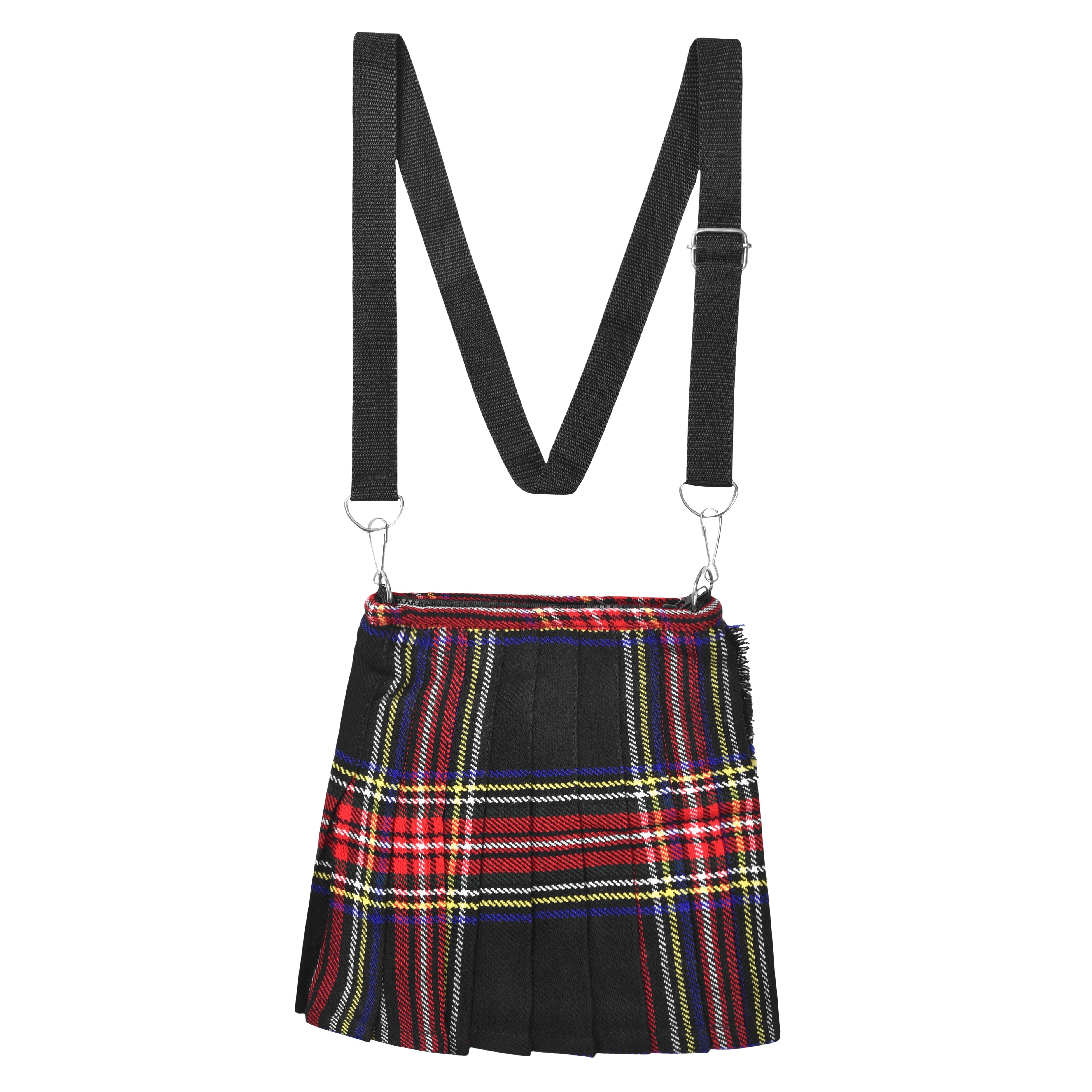 Traditional Scottish Women Tartan Bag Pleated Crossbody Purse - Adjustable Straps, Zip Closure Black Stewart Tartan