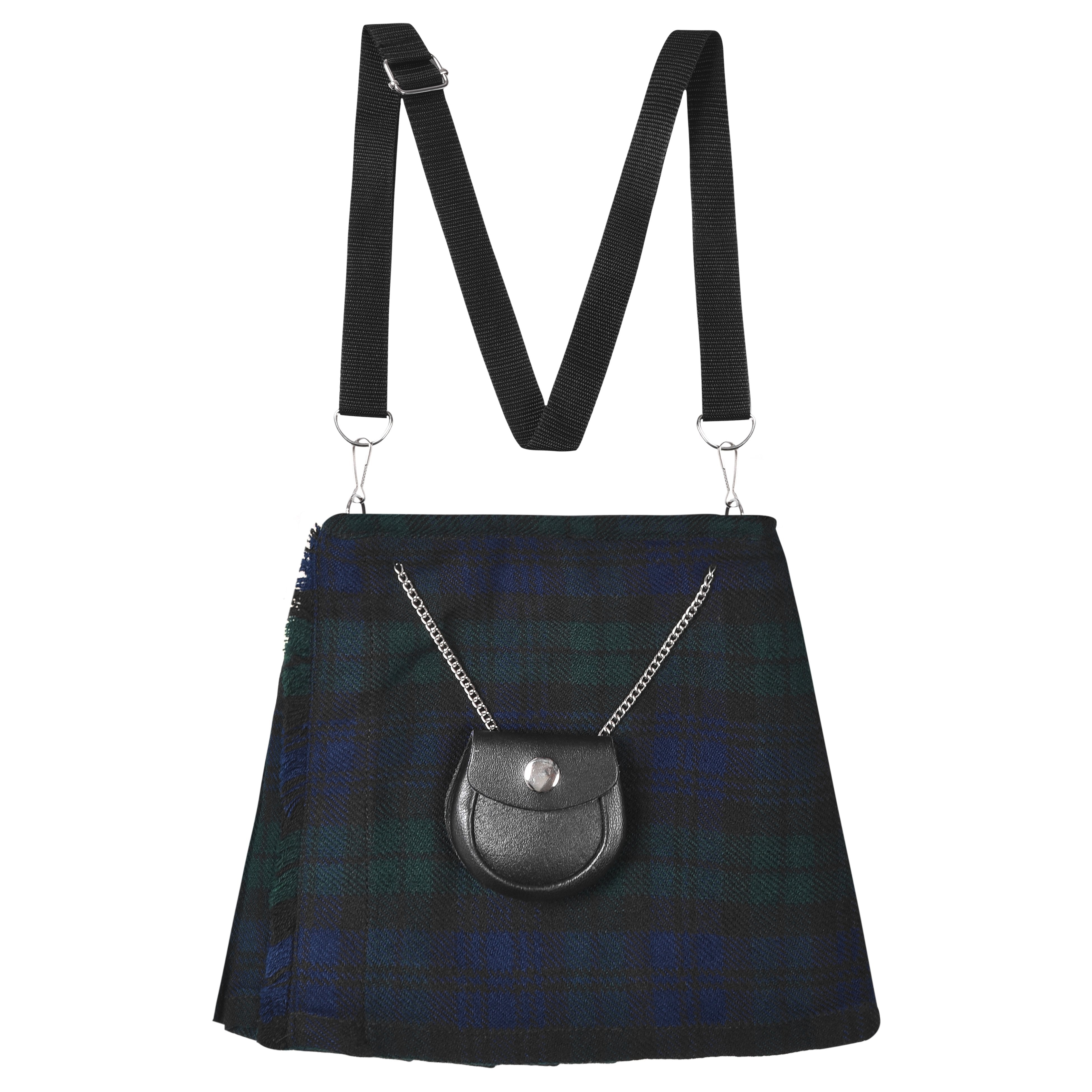 Traditional Scottish Women Tartan Bag Pleated Crossbody Purse - Adjustable Straps, Zip Closure Black Watch Tartan