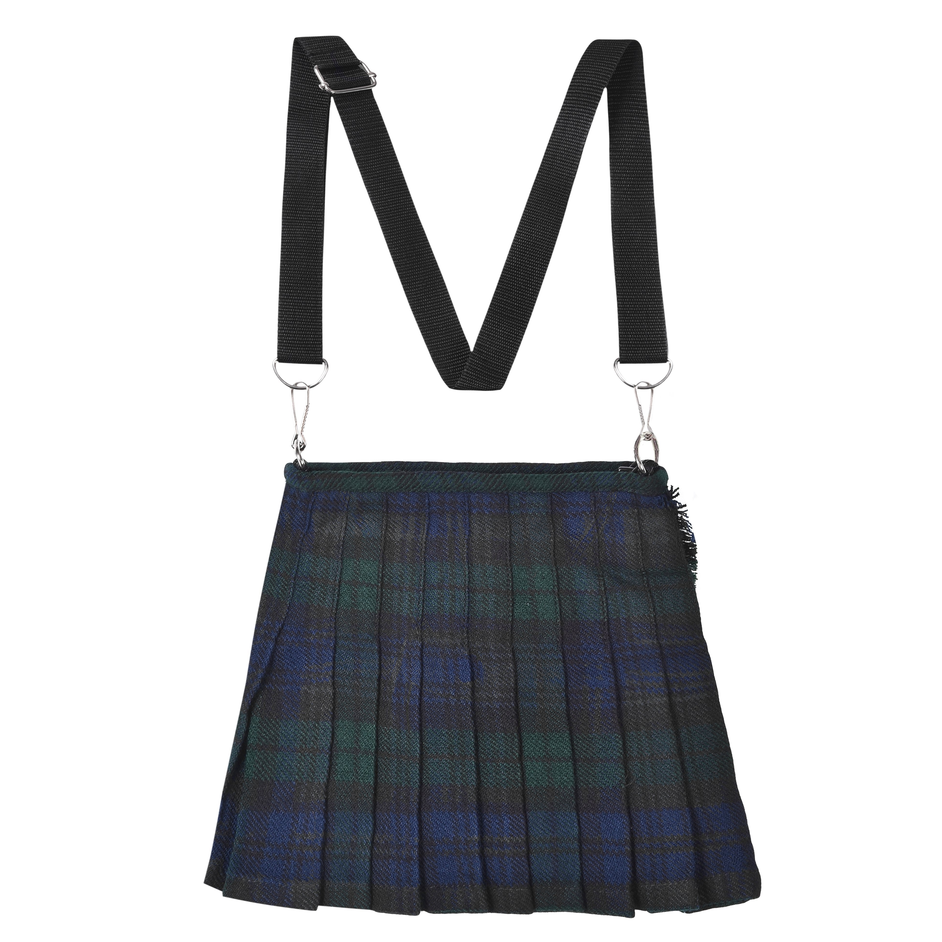 Traditional Scottish Women Tartan Bag Pleated Crossbody Purse - Adjustable Straps, Zip Closure Black Watch Tartan