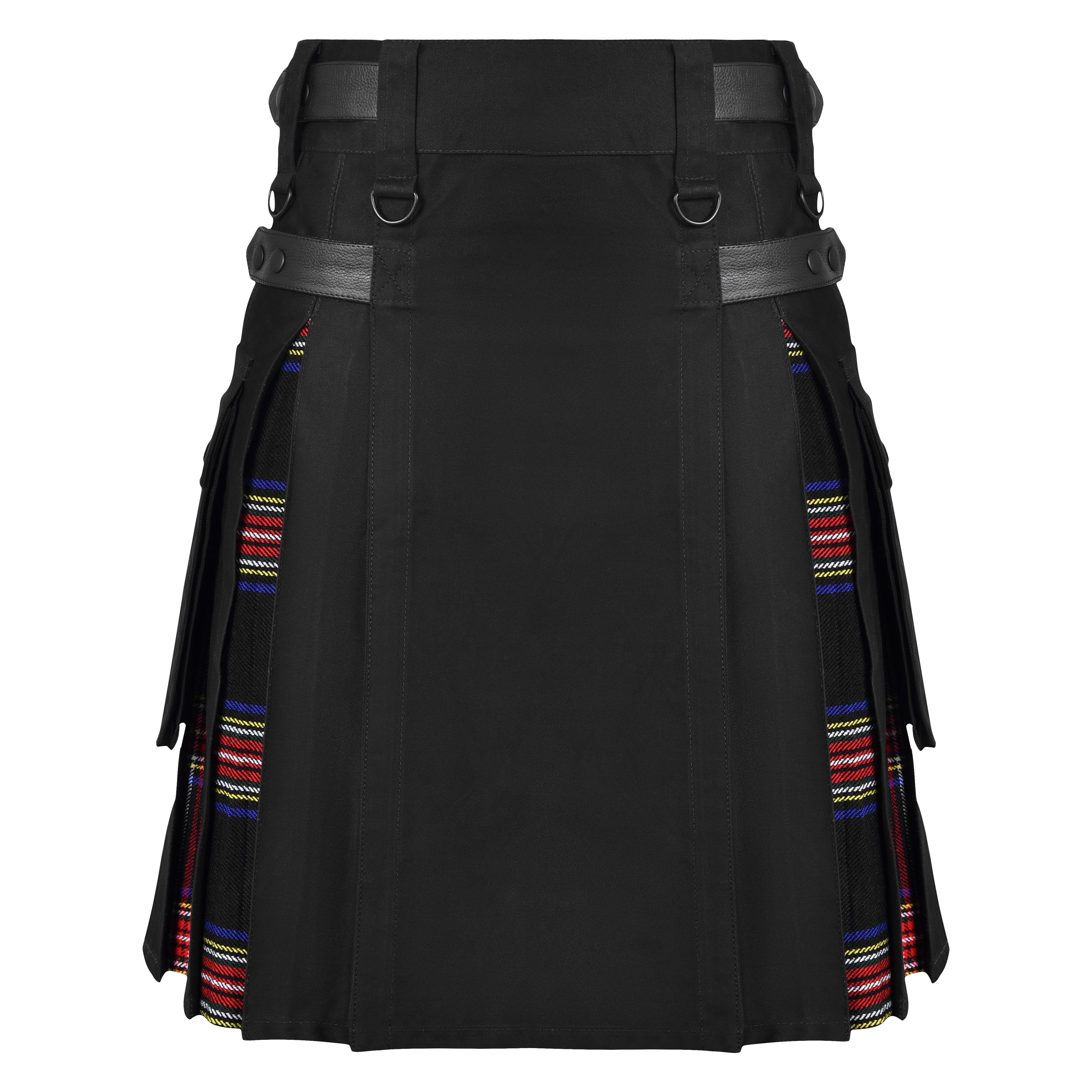 Men's Black Stewart Tartan Hybrid Kilt with Cargo Pockets, Utility Kilt