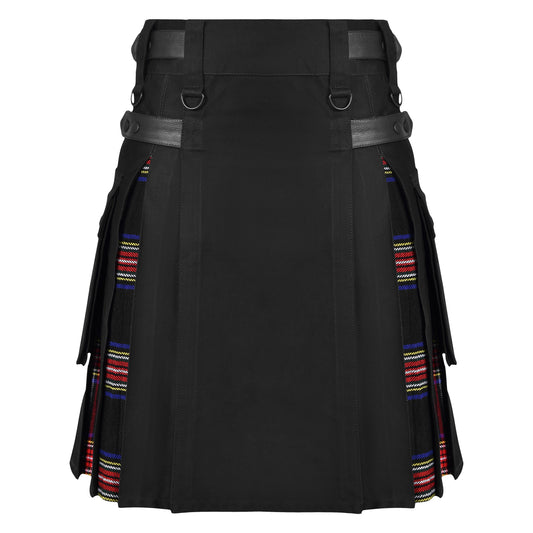 Men's Black Stewart Tartan Hybrid Kilt with Cargo Pockets, Utility Kilt