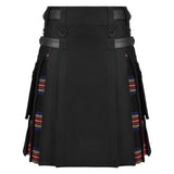 Men's Black Stewart Tartan Hybrid Kilt with Cargo Pockets, Utility Kilt